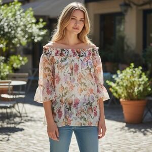 Angela Moda Italy Silk Off Shoulder Floral Blouse Ruffle Sleeve Pink Orange S